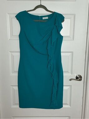 Calvin Klein Teal Ruffle Sheath Dress Size 12